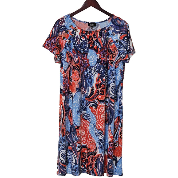 MSK Dresses & Skirts - MSK Womens Dress Red White Blue Paisley Floral Stretch Short Sleeve Rivet 1X